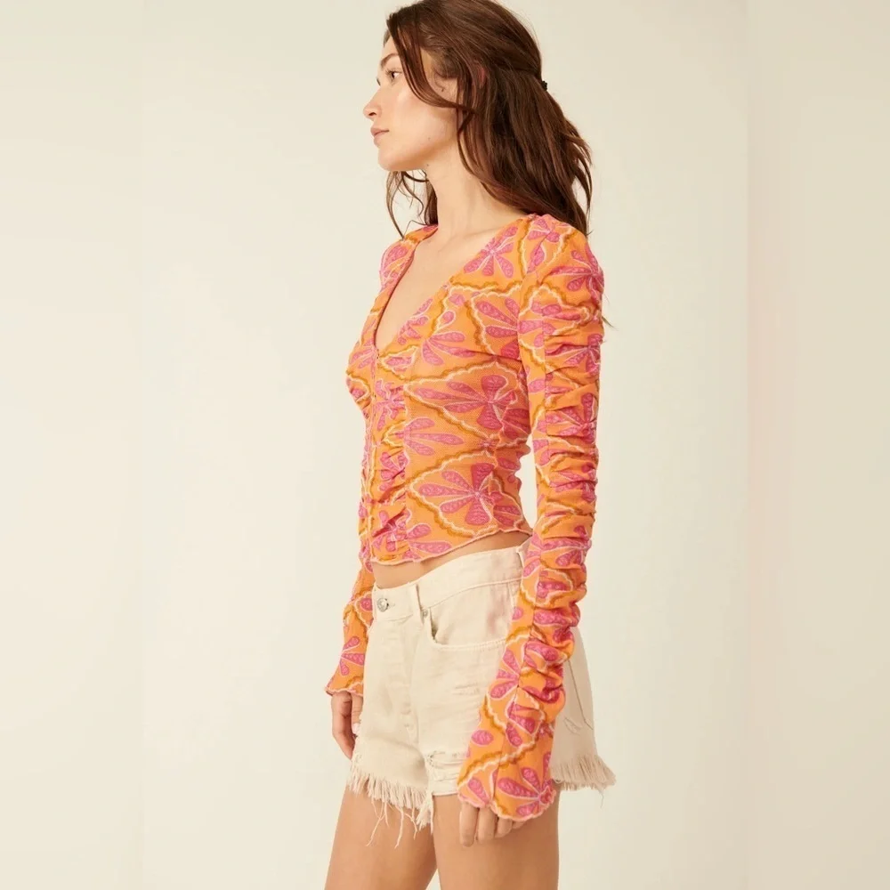 Free People - Through The Meadow Grapefruit Floral Hook And Eye Closure Blouse M